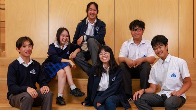 Bryton Lam, 14, Ly Tran, 15, Jack Ky, 15, Jessica Ly, 14, Tran Anh Hao Vo, 14, and Khaly Khun, 14, at Canley Vale High School. Picture: Justin Lloyd.