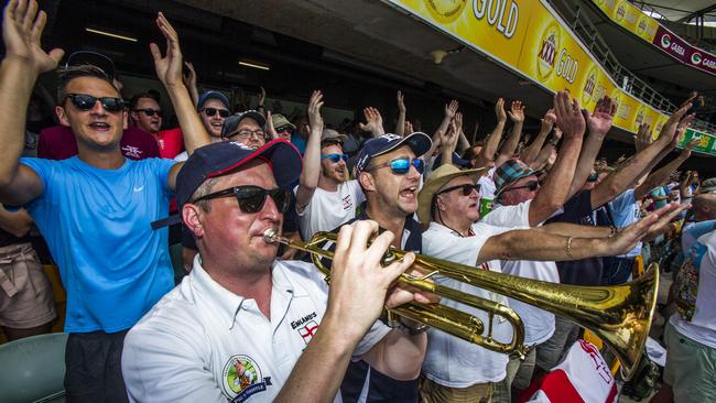 Members of the Barmy Army in full voice at the Gabba in 2017.