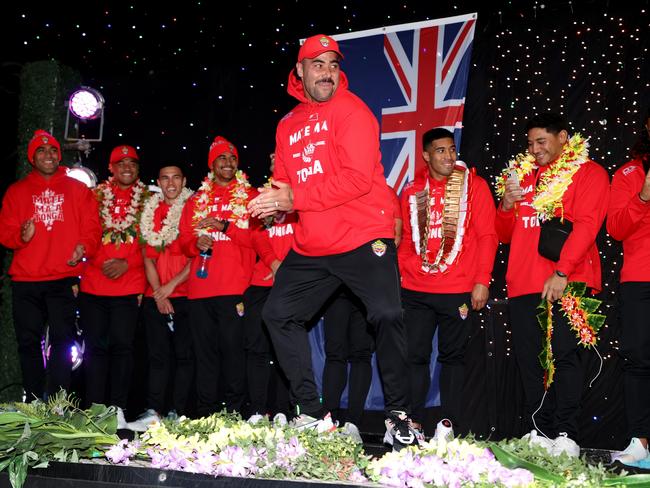 Andrew Fifita of Tonga dances on stage during a media opportunity ahead of the International Rugby League test Match between New Zealand and Tonga. Picture: Phil Walter/Getty Images