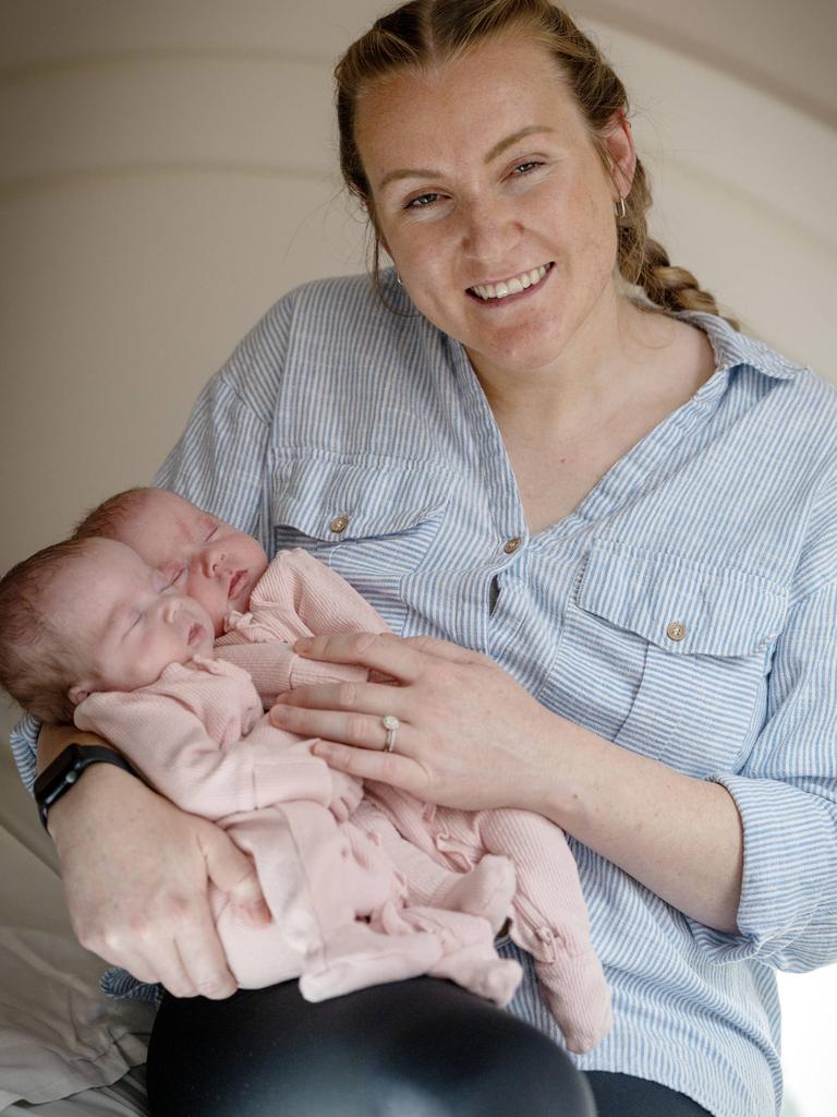 Proud first-time mum Tamika Larkin with her precious newborn twin girls, Tilly and Gemma. Picture: Emma Brasier