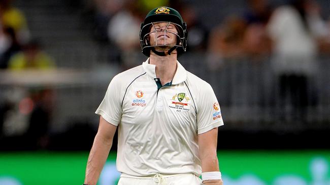 Steve Smith reacts after being dismissed by New Zealand’s Neil Wagner during the first Test at Perth. Picture: AAP