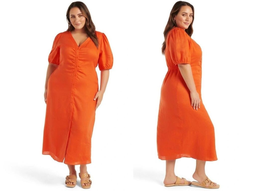 Forever New Curve Arabella Linen Puff Sleeve Dress from Myer.