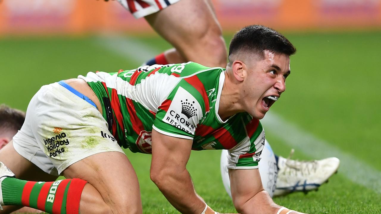 NRL 2022 RD25 Sydney Roosters v South Sydney Rabbitohs - Peter Mamouzelos, Try Celebration. Picture: NRL Photos