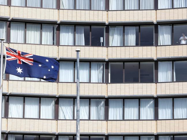 People in hotel quarantine at the Holiday Inn at Melbourne Airport. Picture: Ian Currie