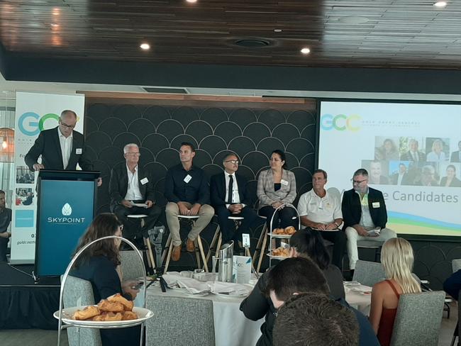 Division 10 election candidates during a breakfast at Skypoint on the Gold Coast. From L-R: MC Dean Gould and candidates Mike Winlaw, Darren Taylor, Seema Chauhan, Stephen Cornelius and Eddy Sarroff. Photo: Brianna Morris-Grant