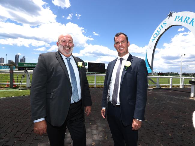 Aquis Park Turf Club CEO Steve Lines ( left ) and Racing Manager Ian Brown at The Gold Coast Turf Club. Photograph : Jason O'Brien