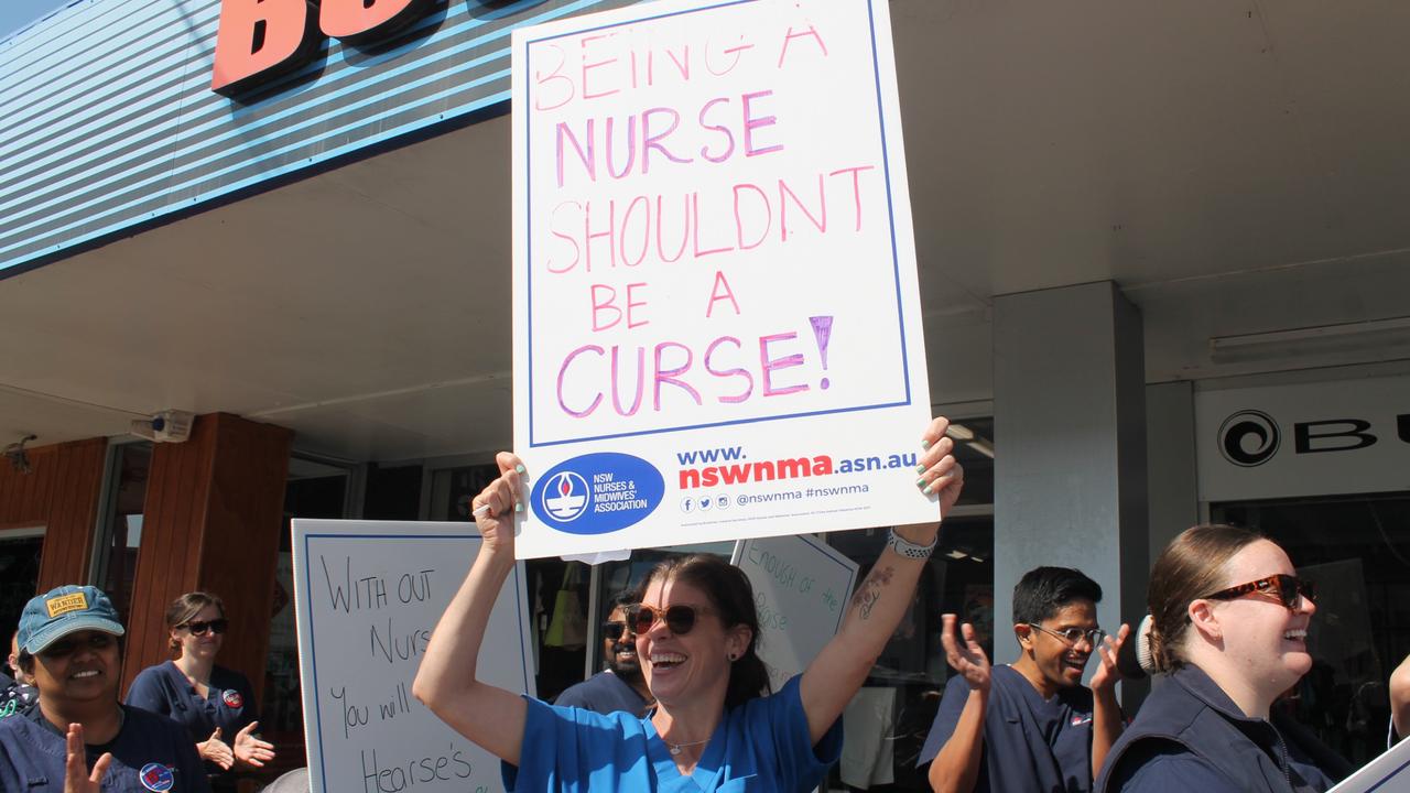 Striking Eurobodalla nurses met on Tuesday to march around the CBD, demanding higher pay. Picture: Tom McGann.