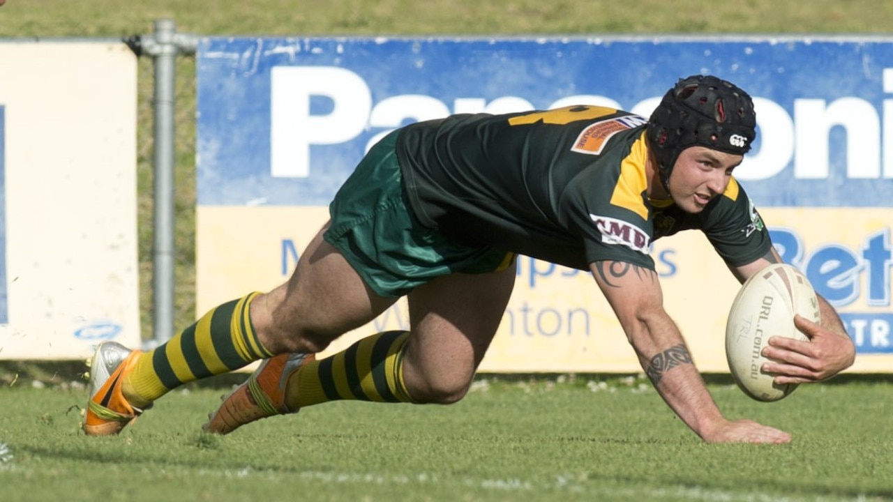 Brenden Wilson scores a try for Wattles. TRL Grand Final, Wattles vs Dalby Diehards. Sunday, Sep 27, 2015. Photo Nev Madsen / The Chronicle