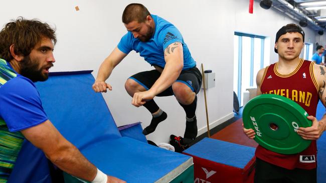 All Blacks Sam Whitelock, Dane Coles and TJ Perenara in the gym.