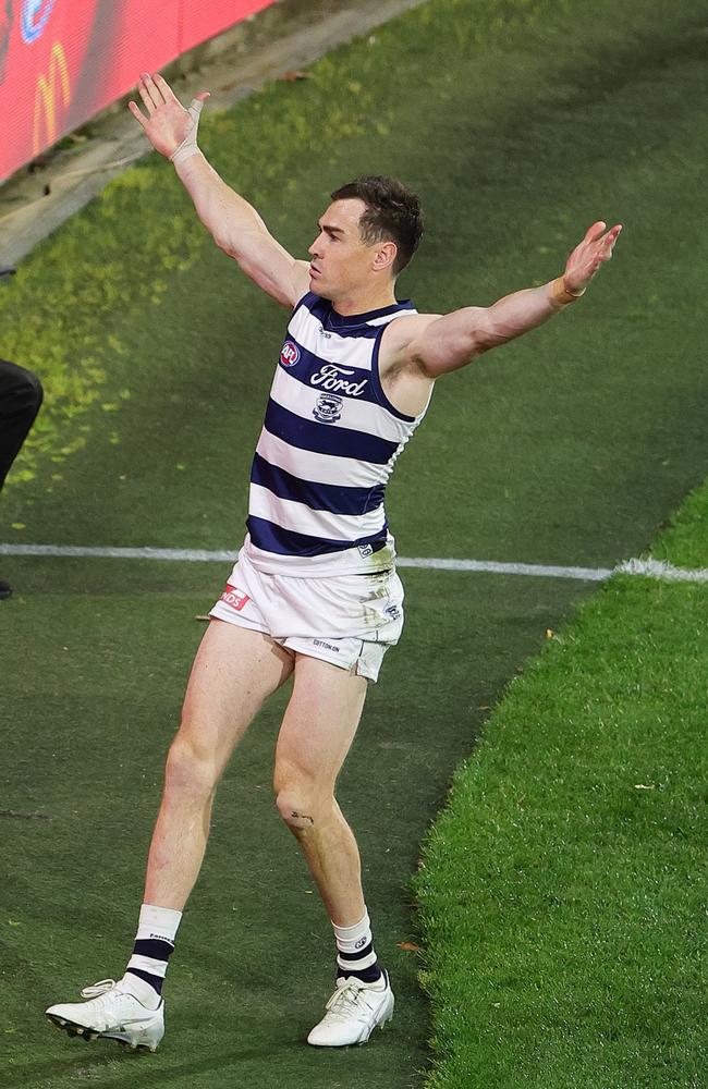 Jeremy Cameron let the crowd know after his incredible goal. Picture: Sarah Reed/AFL Photos