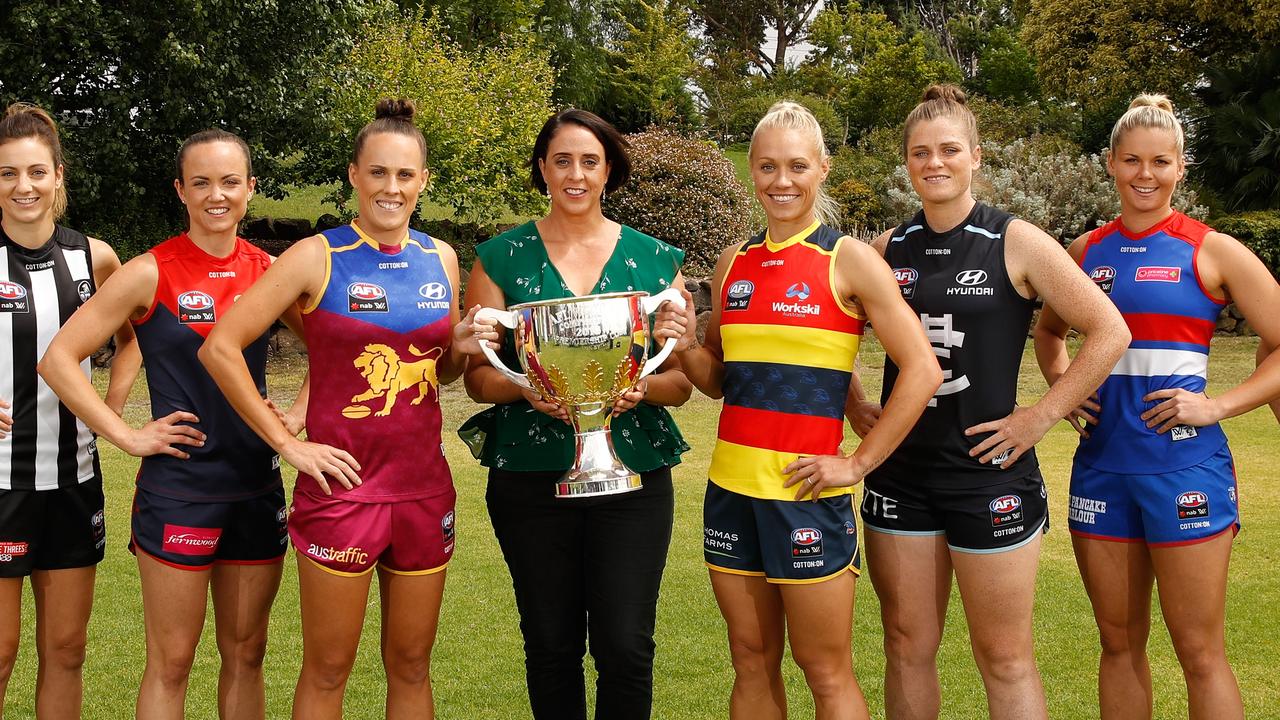 Erin Phillips in her former Adelaide colours with AFLW boss Nicole Livingstone ahead of the competition’s second season. Livingstone says more time should pass before the league’s best and fairest medal is named. Picture: Michael Willson / AFL Media