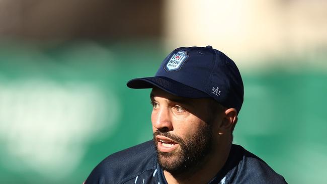 SYDNEY, AUSTRALIA - MAY 31: James Tedesco runs with the ball during a New South Wales Blues State of Origin squad training session at Coogee Oval on May 31, 2022 in Sydney, Australia. (Photo by Matt King/Getty Images)