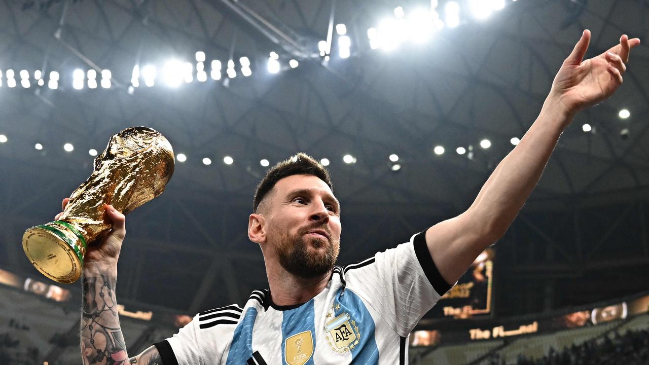 Argentina’s captain Lionel Messi celebrates his team’s $65 million win. Picture: Anne-Christine Poujoulat / AFP