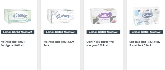 Tissues out of stock at Woolworths' website. Picture: Supplied