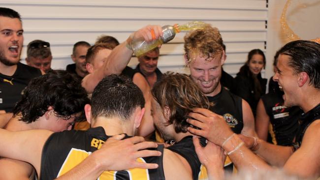 The Tigers celebrate the weekend’s win. Picture: Balwyn FC