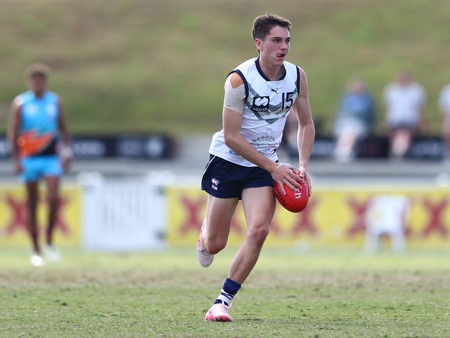 BRISBANE, AUSTRALIA – JULY 07: Xavier Ivisic of Victoria Country kicks during the Marsh AFL National Championships match between U18 Boys Allies and Victoria Country at Brighton Homes Arena on July 07, 2024 in Brisbane, Australia. (Photo by Chris Hyde/AFL Photos/via Getty Images)