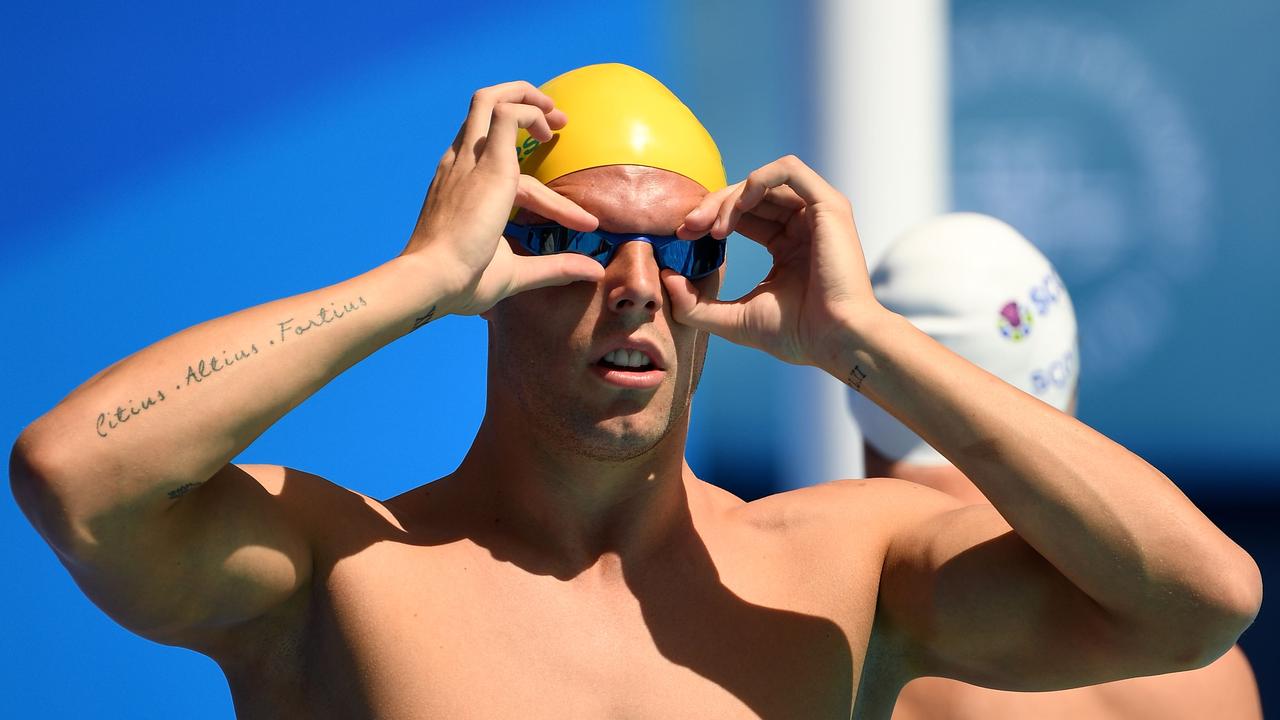 GOLD COAST, AUSTRALIA — APRIL 07: Kyle Chalmers of Australia prepares ahead of the Men's 100m Freestyle — Heat 8 on day three of the Gold Coast 2018 Commonwealth Games at Optus Aquatic Centre on April 7, 2018 on the Gold Coast, Australia. (Photo by Quinn Rooney/Getty Images)