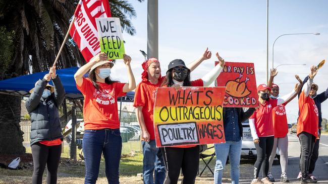 ADELAIDE, AUSTRALIA - NewsWIRE Photos SEPTEMBER 25, 2023: The United Workers Union take 24hr strike action at InghamÃs Bolivar chicken processing plant in AdelaideÃs North. Picture: NCA NewsWIRE / Emma Brasier