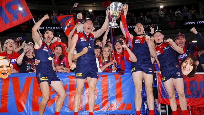 Melbourne players got to celebrate their AFL grand final win under lights in Perth. Picture: Dylan Burns / AFL Photos via Getty Images
