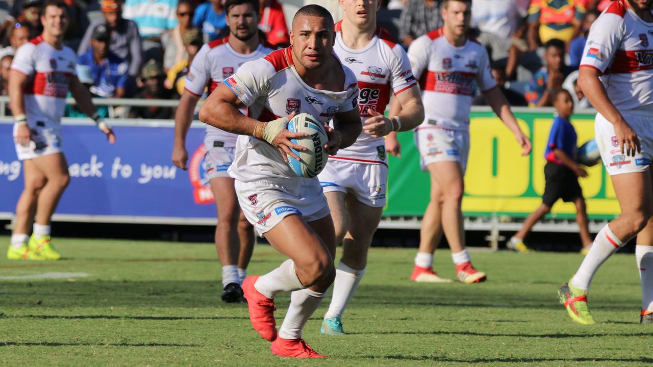 Jamil Hopoate playing for the Redcliffe Dolphins in 2018. Picture: Jon Sloan