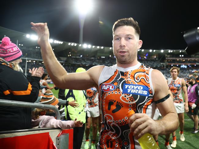 GEELONG, AUSTRALIA – MAY 27: Toby Greene of the Giants celebrates after the Giants defeated the Cats during the round 11 AFL match between Geelong Cats and Greater Western Sydney Giants at GMHBA Stadium, on May 27, 2023, in Geelong, Australia. (Photo by Robert Cianflone/Getty Images)