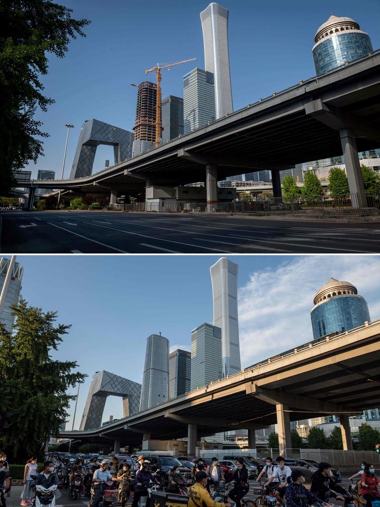 A usually busy street in Beijing on April 23 (top) compared to September 2. Picture: Nicolas Asfouri/AFP