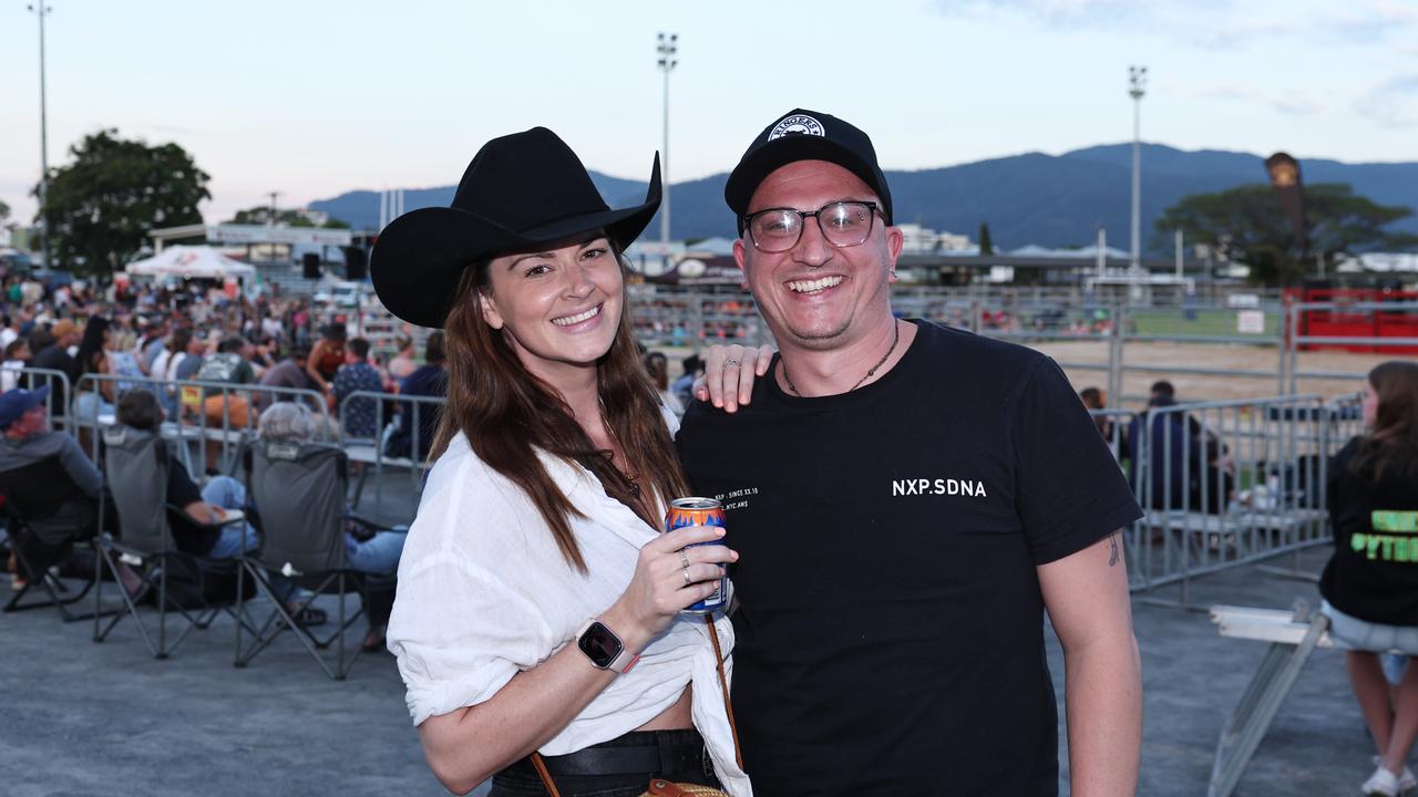 Helen Fox and Blair Dunbar attend the 2024 Cairns Bull Throttle event, a bikes and bulls show, featuring bull riding and freestyle motorcross ridiers at the Cairns Showgrounds. Picture: Brendan Radke