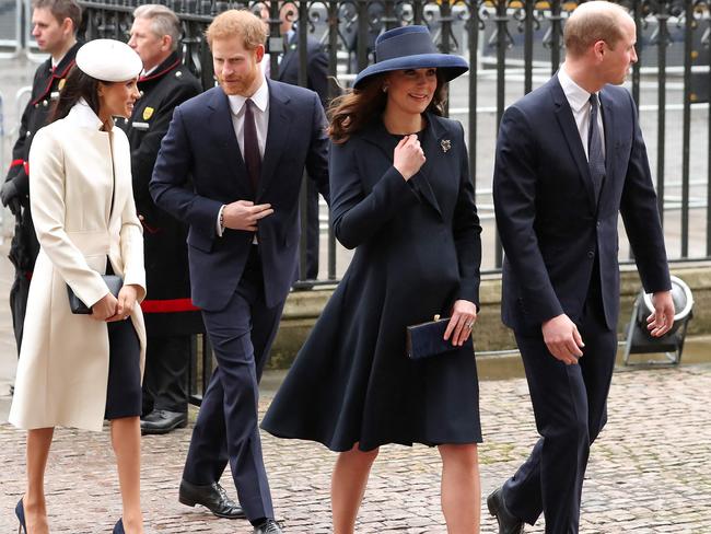 Britain's Catherine, Duchess of Cambridge (second from right) and her husband Prince William, Duke of Cambridge (right), arrive with Prince Harry (second from left) and his fiancee, Meghan Markle in London in March. Photo: AFP