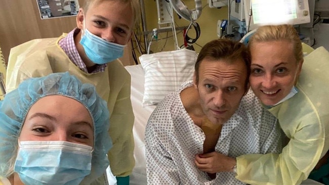 Russian opposition leader Alexei Navalny with his family at Berlin’s Charite hospital on Tuesday. Picture: AFP