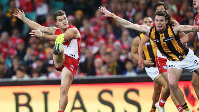 A big crowd watches Sydney’s Tom Papley snap for goal against the Hawks. Picture: Phil Hillyard