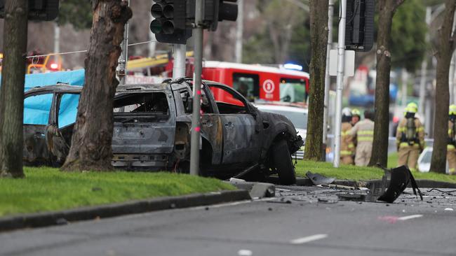 Emergency services at the scene near The Royal Women’s Hospital. Picture: David Crosling