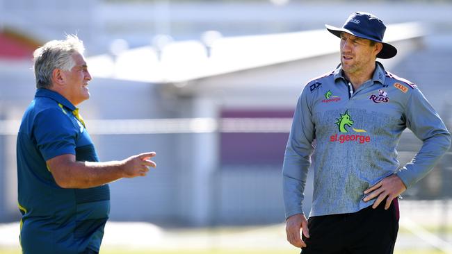 Rugby Australia director Scott Johnson, left, and Queensland Reds coach Brad Thorn. Picture: AAP