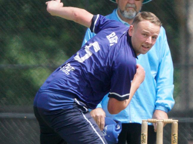 VSDCA cricket played at Warrawee Park Oval: Mt Waverley v Oakleigh. Mt Waverley bowler Jake Rigby. Picture: Valeriu Campan