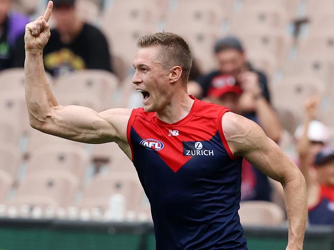 AFL Round 1. 20/03/2021. Melbourne v Fremantle at the MCG, Melbourne.   Tom McDonald of the Demons celebrates his goal in the fourth quarter   . Pic: Michael Klein