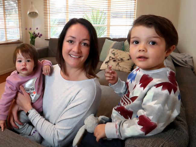 28/06/2018 Adele Barbaro, 35, with her daughter Chloe 11 months and son Harvey, 2   at their home in Ashwood, Melbourne. Adele is concerned about the  rising costs of childcare.Picture : David Geraghty / The Australian.