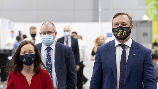 Queensland Health Minister Yvette D’Ath and then-Deputy Premier Steven Miles walk through a Covid vaccination hub during the pandemic. Picture: Sarah Marshall