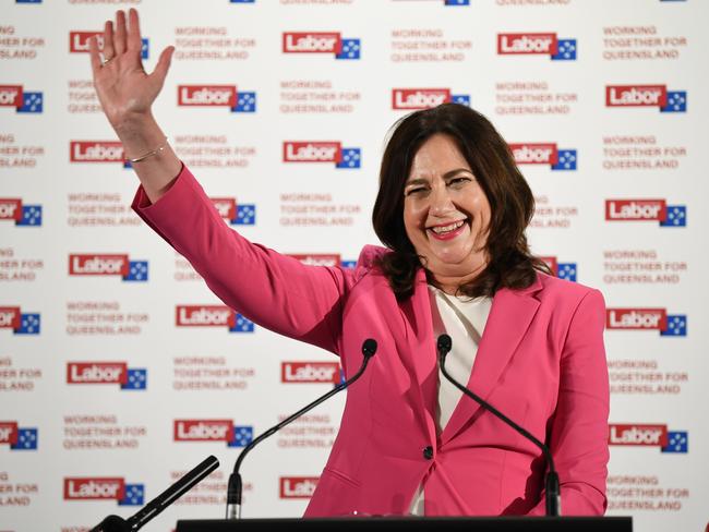 BRISBANE, AUSTRALIA - NewsWire Photos - OCTOBER 31, 2020.Queensland Premier Annastacia Palaszczuk waves as she celebrates her state election win during Labor's election night function at the Blue Fin Fishing Club in Inala. Picture: NCA NewsWire / Dan Peled