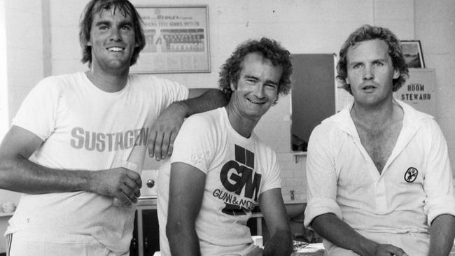 Ashley Mallett (centre) with David Hookes and Rodney Hogg in 1980.