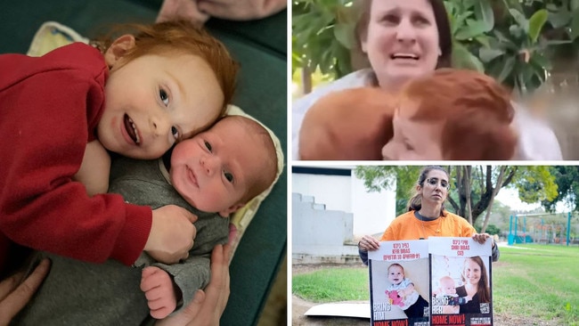 Ariel Bibas, 4, and his brother Kfir, 1, were snatched by Hamas terrorists with their mother, Shiri, top right, and father Yarden and are either dead or still being held captive. Cousin Oriya Yahbess, below right, with photos of the children.