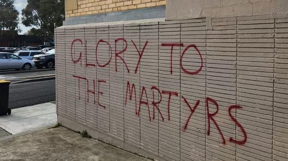 Labor MP Peter Khalil’s office was vandalised with the slogan “glory to the martyrs”. Picture: Office of Peter Khalil