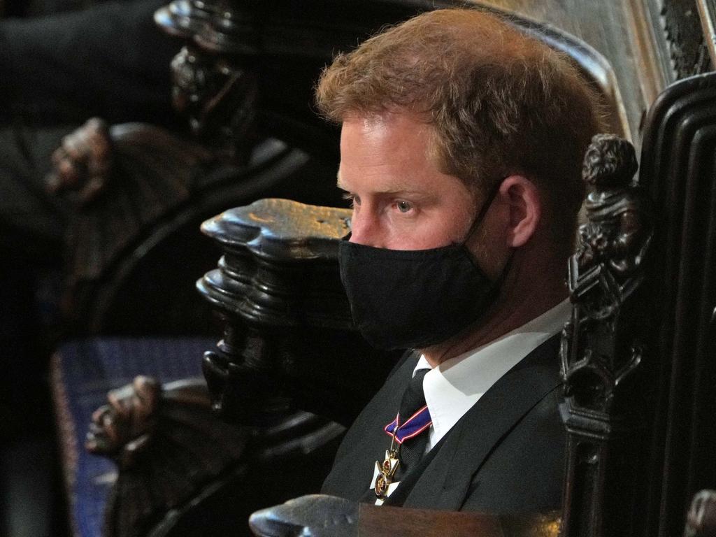 Prince Harry at the service for Prince Philip in St. George’s Chapel. Picture: Yui Mok-WPA Pool/Getty Images