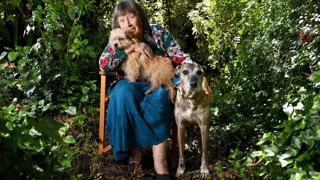 Alice Shore, 80 in her Adelaide Hills garden with rescue dogs Oscar and Adele. Picture: Tricia Watkinson