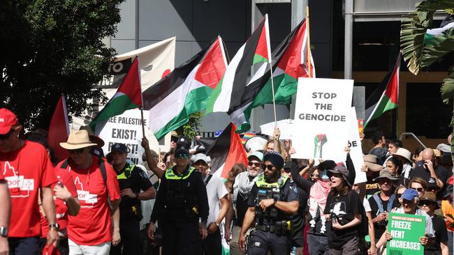 Pro-Palestine protesters at the Brisbane Labour Day March. Picture: Liam Kidston