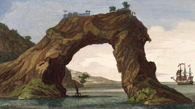 View of an Arched Rock, on the Coast of New Zealand, with an Hippa, or Place of Retreat, on the top of it. Illustration by Sydney Parkinson, from <i>A Journal of a Voyage to the South Seas in His Majesty’s Ship the Endeavour. </i>Source: S.P.Lohia Collection