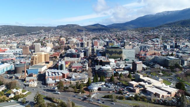 Hobart aerial showing new Remembrance Bridge, ABC (Railway) roundabout and the CBD.