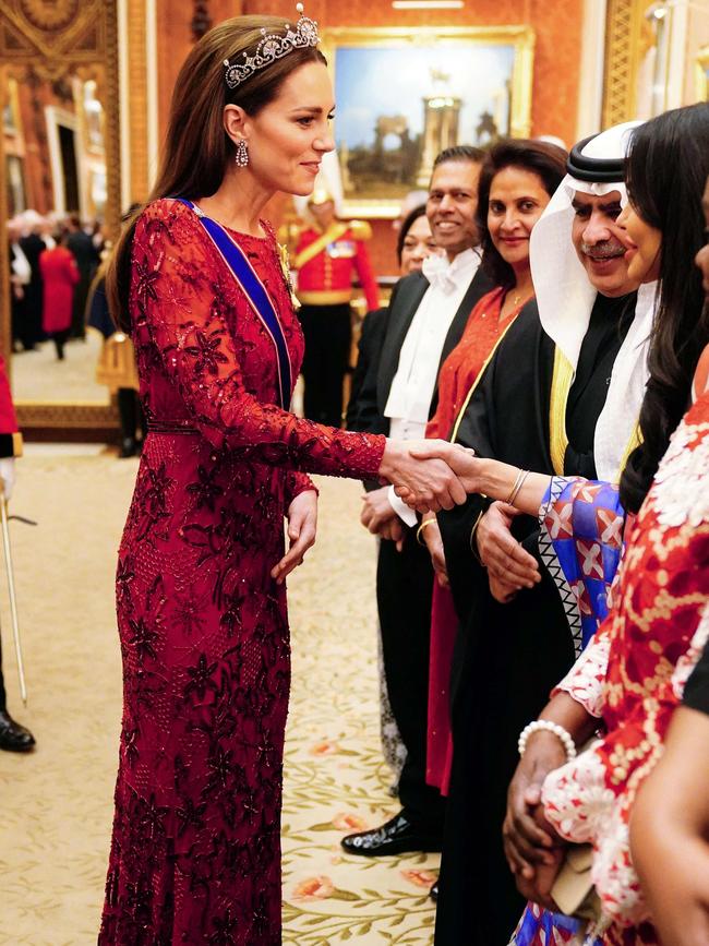 Catherine, Princess of Wales, speaks to guests during a Diplomatic Corps reception at Buckingham Palace last month. Picture: Victoria Jones/Pool/AFP