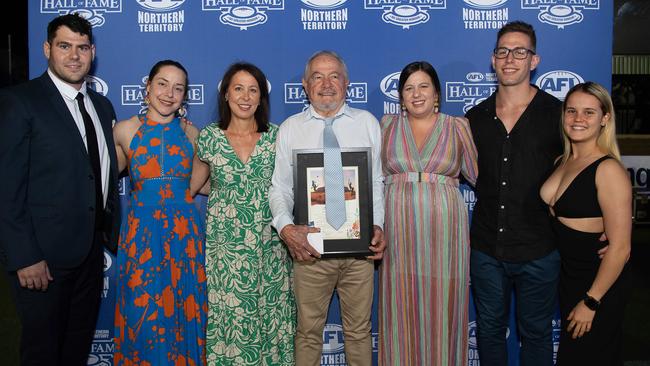 John Athanasiou, Cimarra Stephensen, Shelley Bonson, Ken Bonson, Emily Athanasiou, Cale Bonson and Sheena Fitzsimmons at the 2023 AFLNT Hall of Fame. Picture: Pema Tamang Pakhrin