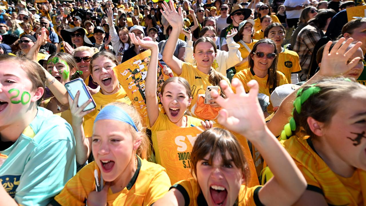 The future of women’s sport in Australia: young Matildas fans gathered to show their support for the Matildas at an event in Brisbane. Picture: Dan Peled/NCA NewsWire