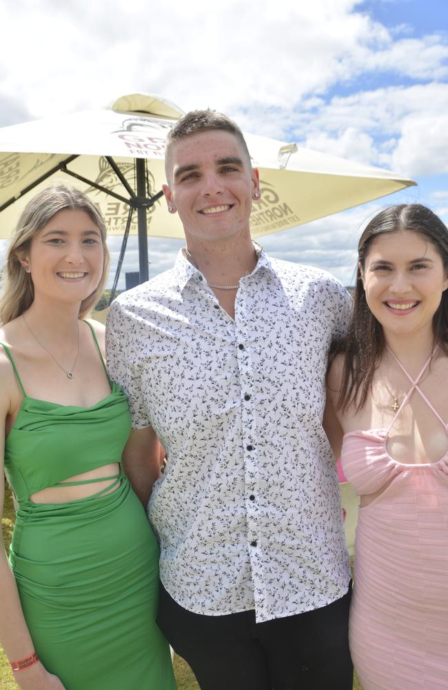 Steff Goodwin, Leo Hancock and Rose Collier at the 2023 Audi Centre Toowoomba Weetwood race day at Clifford Park Racecourse.