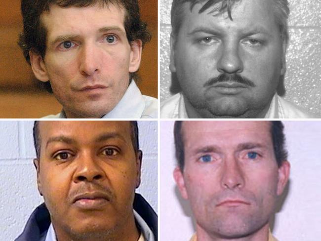 Convicted killers Robert Ramirez (top left), John Wayne Gacy (top right), Andre Crawford (bottom left) and Hadden Clark (bottom right) each created artworks in prison that were later sold by Serial Killer Ink. Picture:AP Photo/Betty Jenewin.